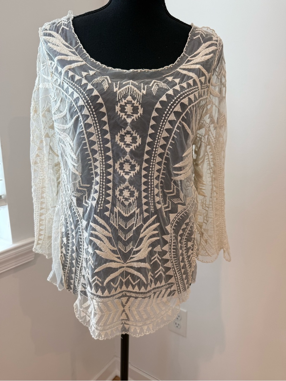 Xhilaration Ivory Crochet Lace Tunic with Embroidered Motifs